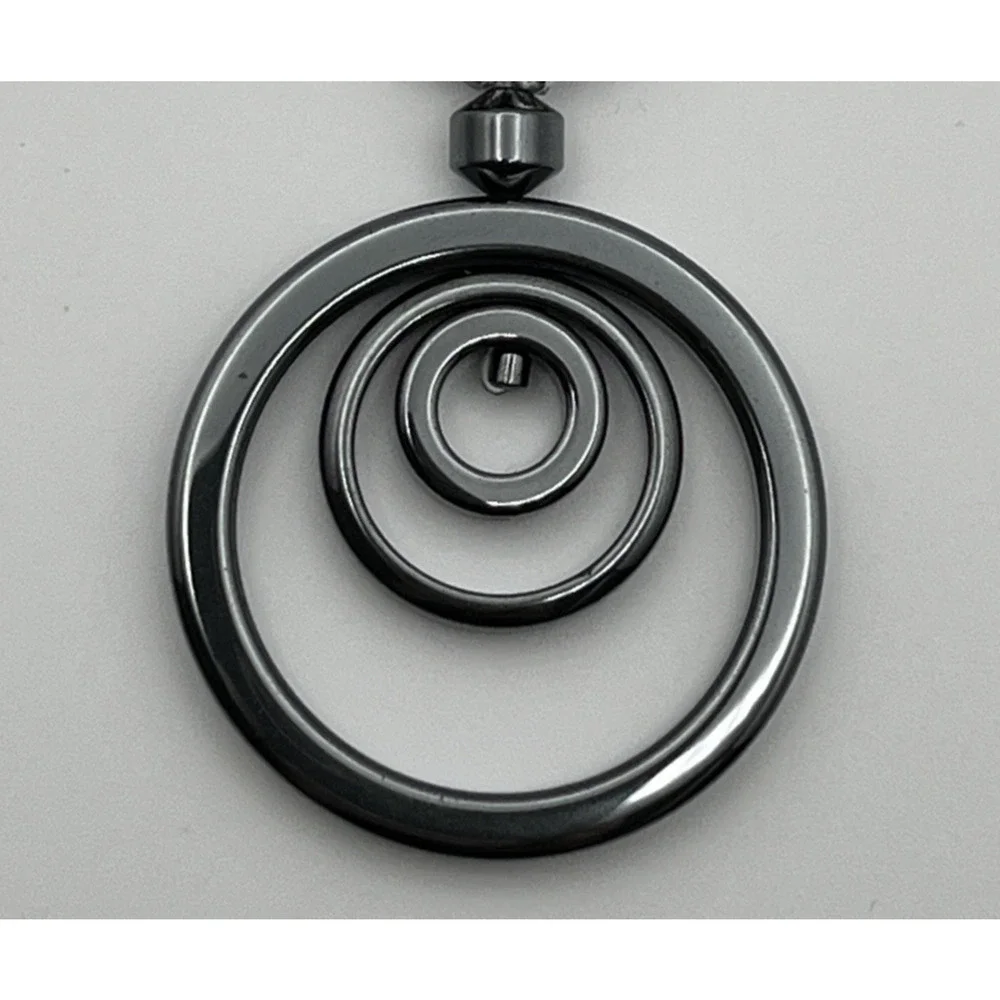 Beaded Tri Circle Pendant Necklace in Metallic Black Gray 17.5
